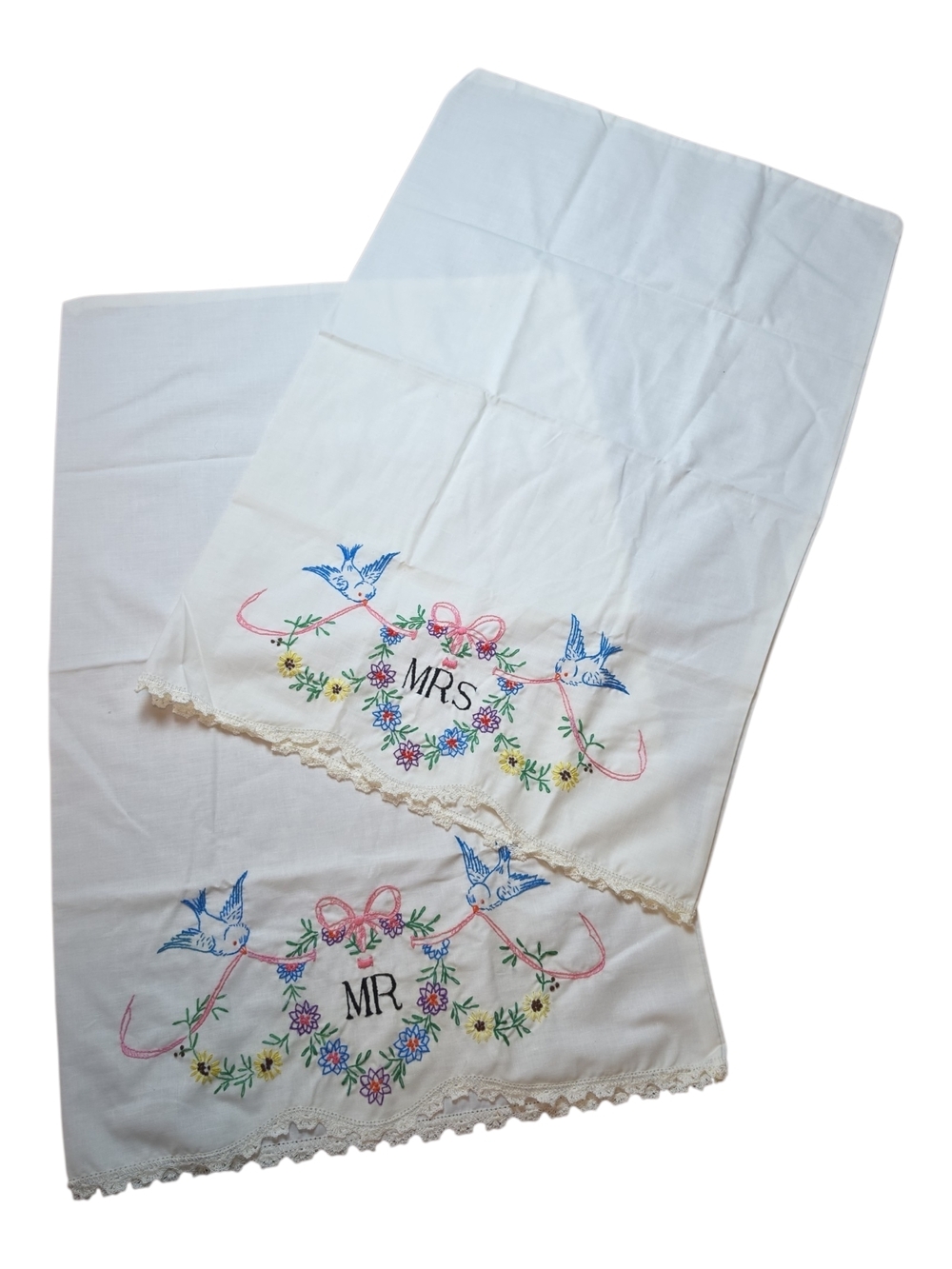 Vintage Mr & Mrs Embroidered Pillowcases Set Bluebirds Floral Crochet Lace 30x20